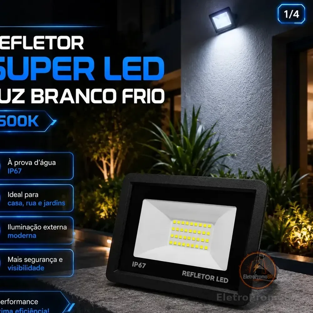 Kit 4 Refletores Super Led 200w Holofote Bivolt Ip67 Prova D'água Branco Frio 6500k 127/220v Preto