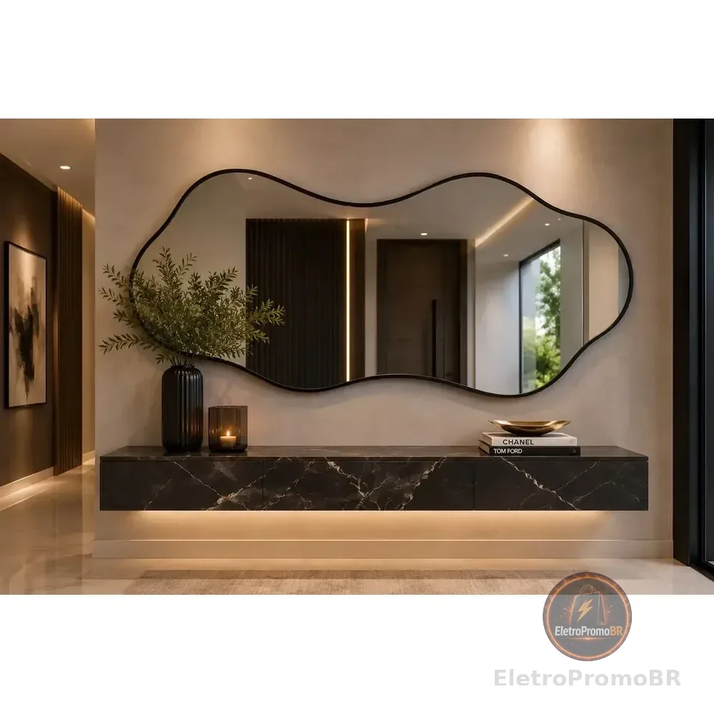 Espelho Orgânico Grande Com Moldura Lapidado 100x50 Preto