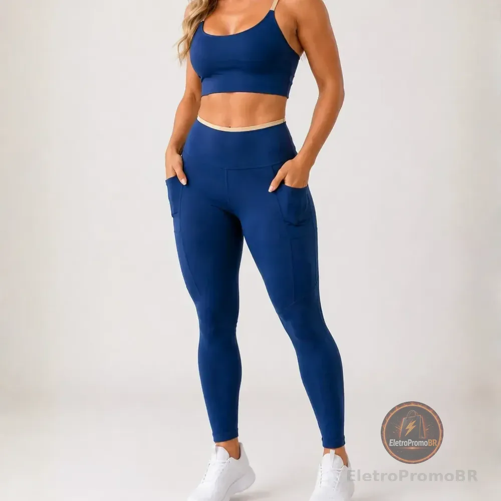 Conjunto Academia Top Calça Legging Fitness Roupa Kit Bolso Azul/areia Liso G 40/42