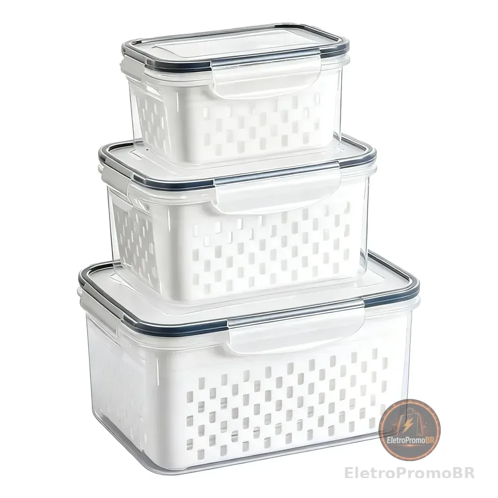 Kit 3 Organizadores Geladeira Alimentos Vegetais Com Tampas Branco