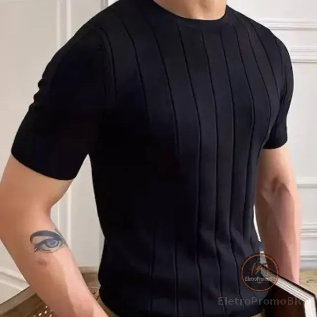 Blusa Masculina Básica Manga Curta Canelada Tricot Modal
