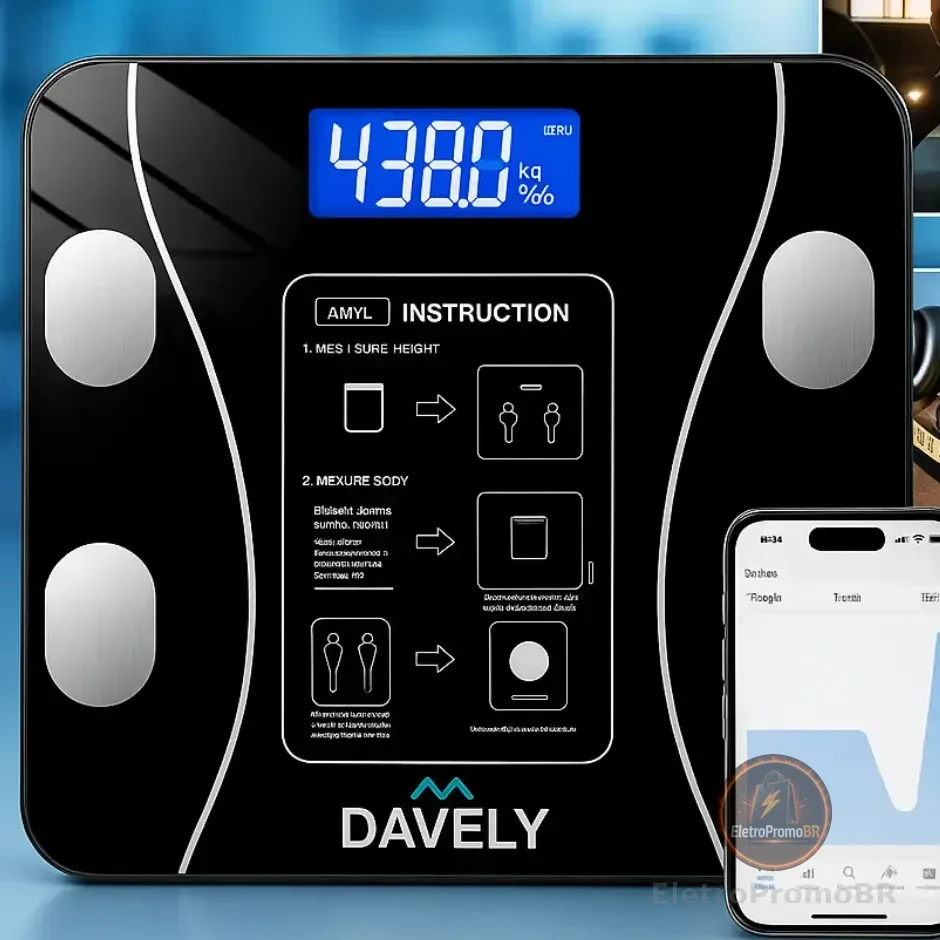 Balança Digital Corporal Bioimpedância Davely Bluetooth Para Android E Ios Vidro Temperado Alta Capacidade Balança De Banheiro Academia Preto