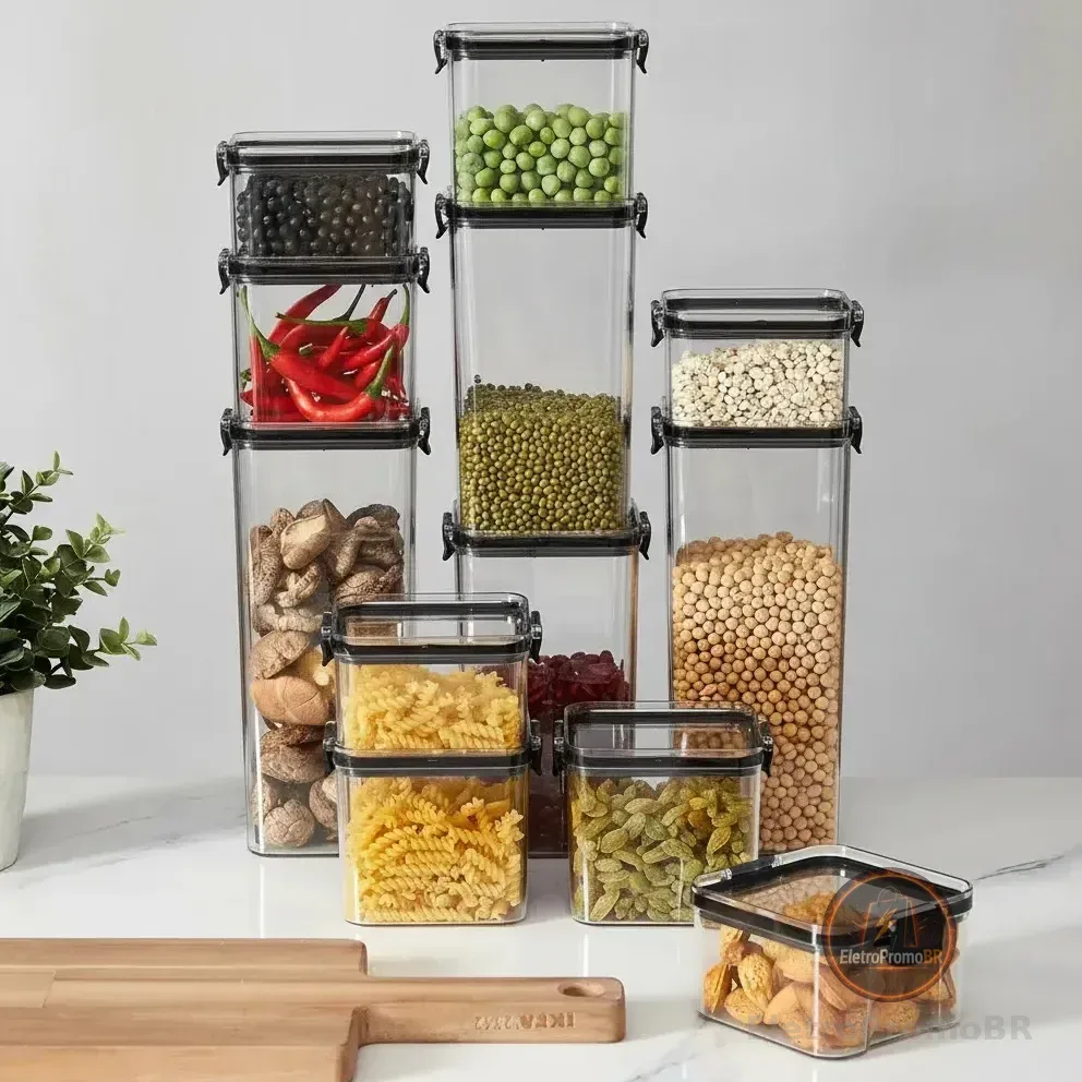 Kit 12 Potes Herméticos Quadrados Haushop Para Alimentos Transparente Transparente Com Tampa Preta