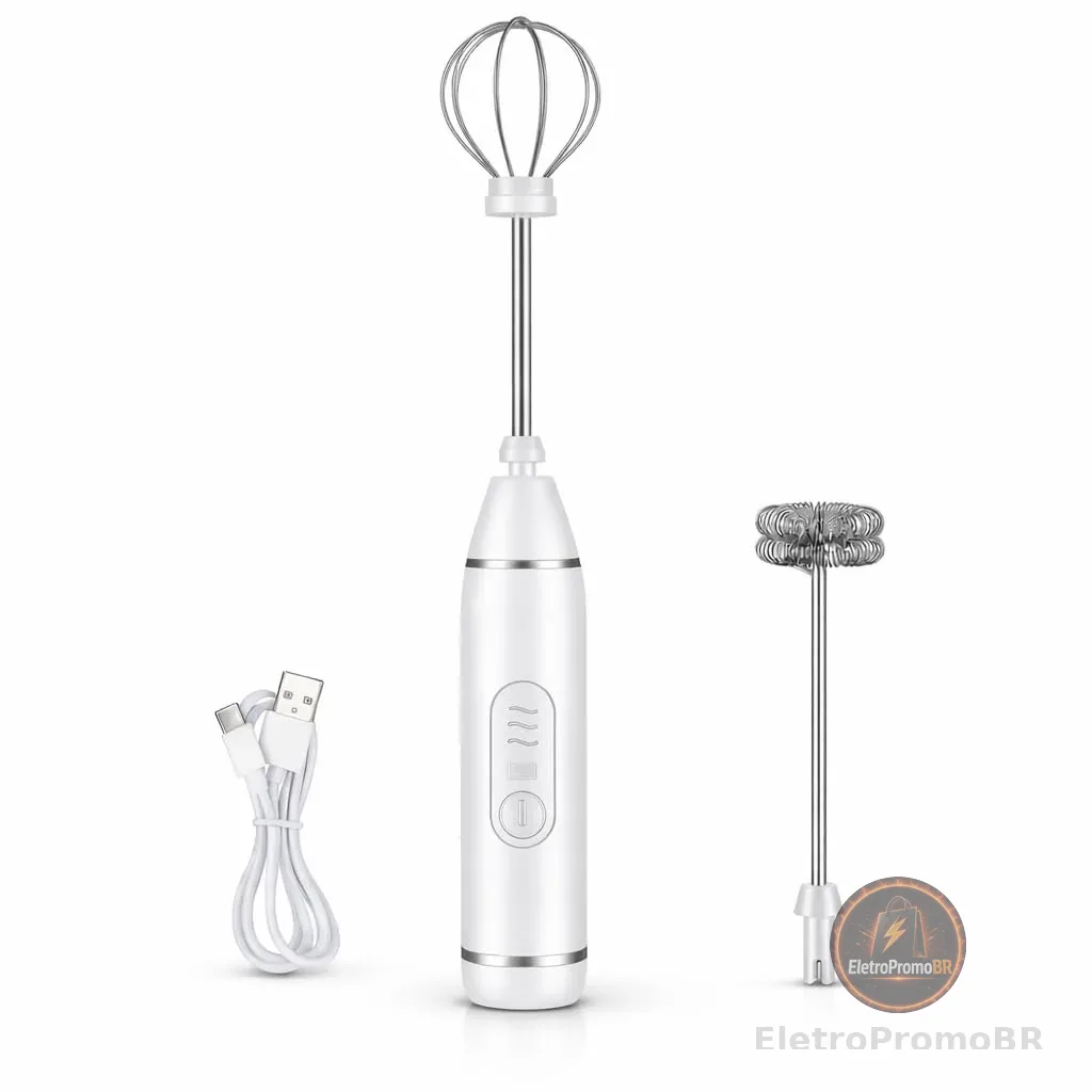 Mini Mixer Elétrico Portátil, 3 Velocidades, Batedor Fouet Inox, Recarregável USB Misturador para Bebidas e Ovos (Branco)