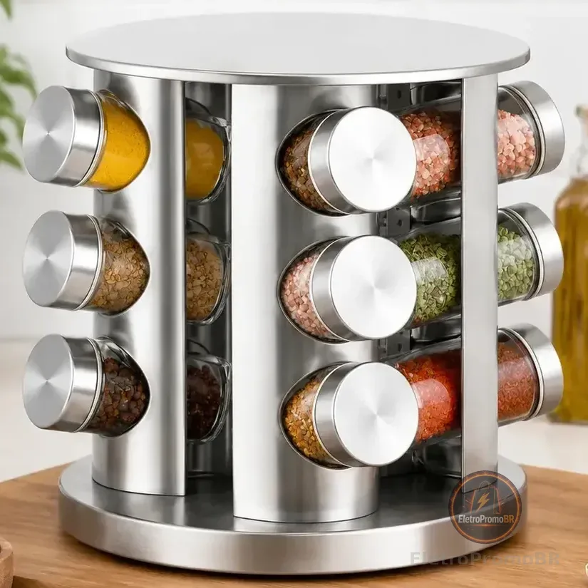 Porta Temperos Giratório 360° 12 Potes Vidro 85ml Inox Organizador De Condimentos Especiarias Suporte Rotativo Tempereiro Bancada Cozinha Armário Mesa Gourmet Porta Condimentos Porta Especiarias