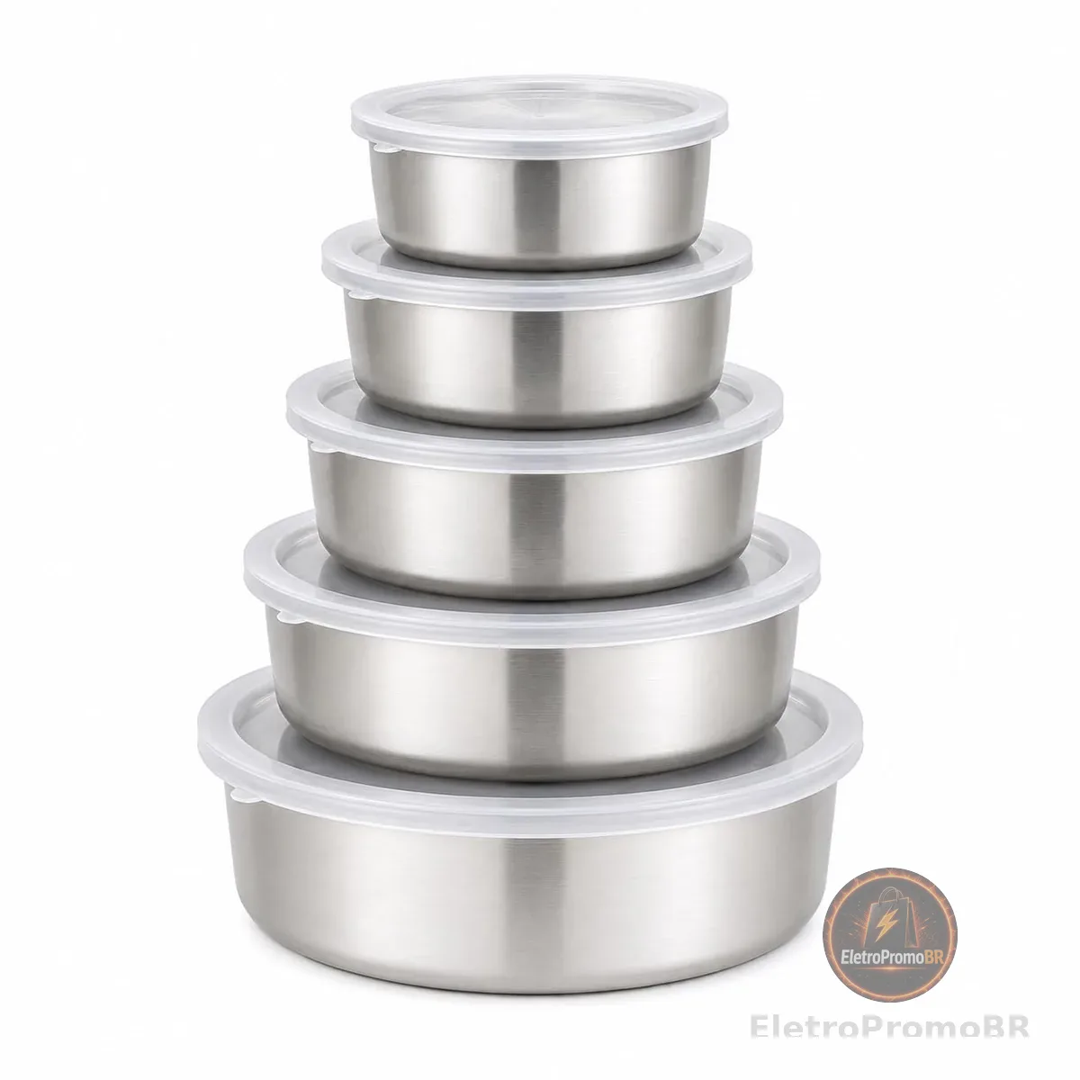 Jogo de Tigelas Aço Inox 5 Peças com Tampa – Kit Bowls 11cm a 22cm – Salada Tempero Marmita – Lavável na Lava-Louça