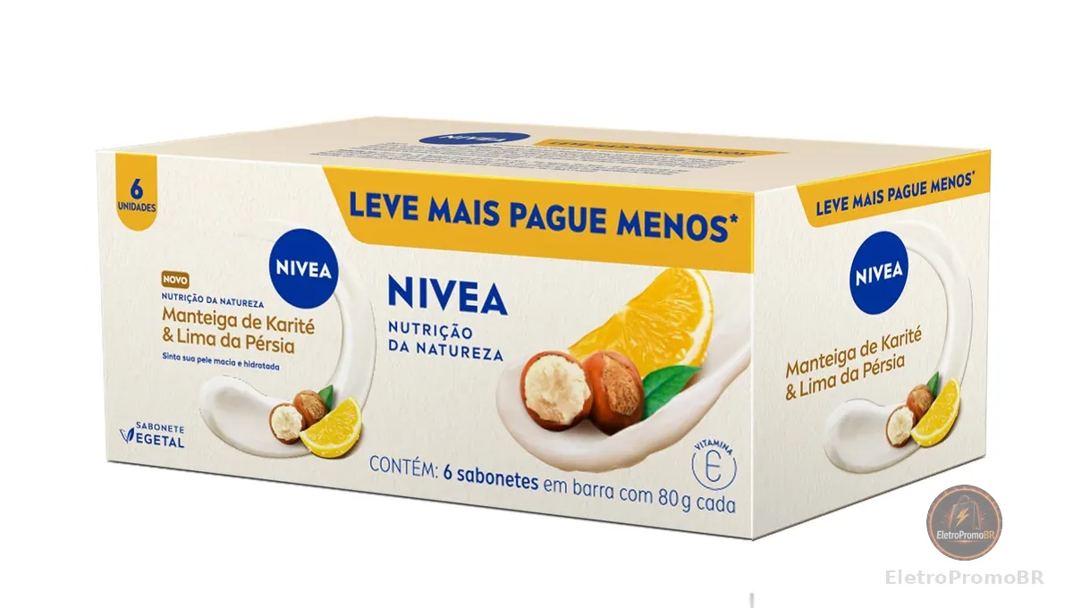 NIVEA Sabonete Vegetal Nutrição Da Natureza Manteiga De Karité & Lima Da Pérsia 80g (6 un.), Limpeza Delicada, Banho, Pele Macia e Hidratada, Fórmula Natural