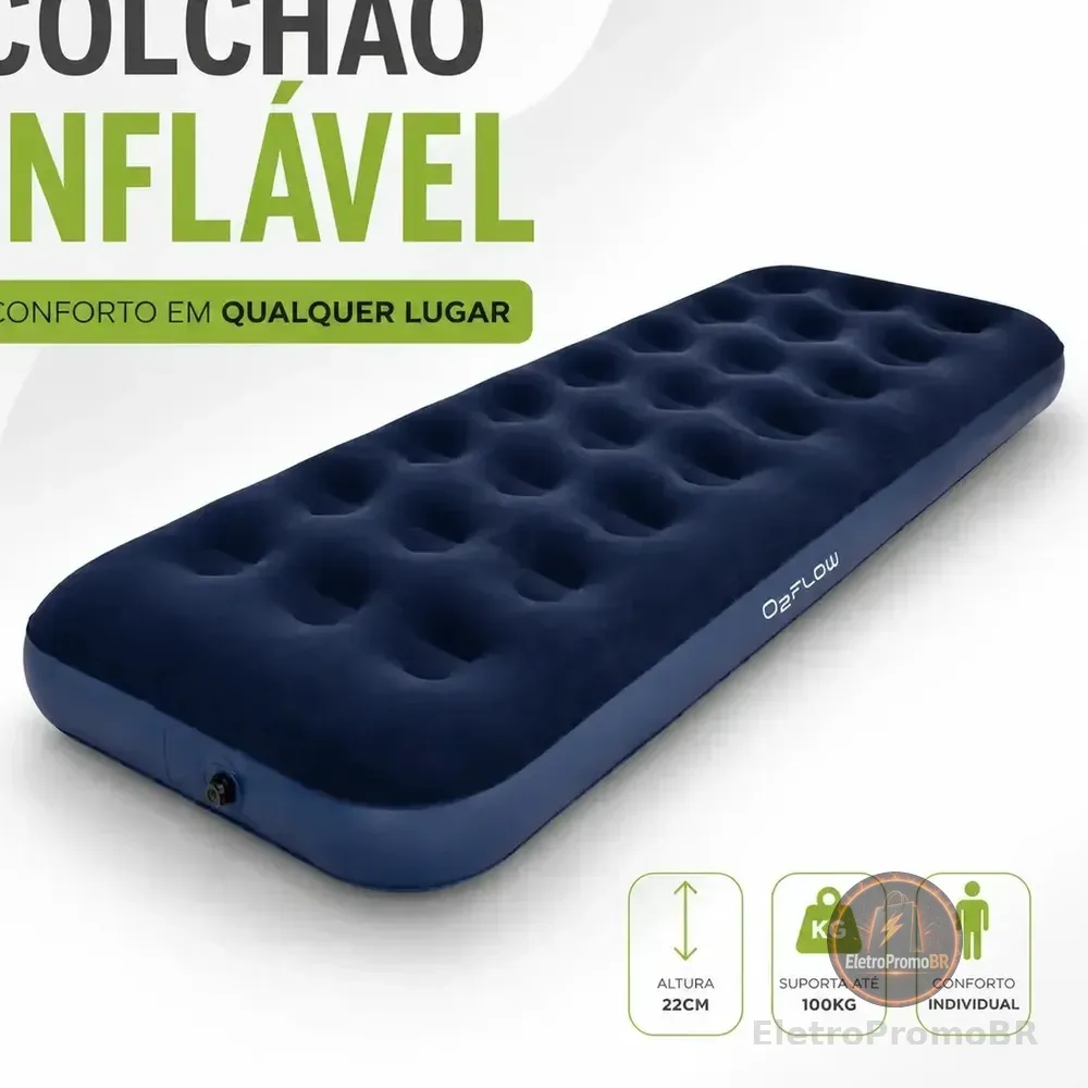 Colchão Inflável Solteiro Multiuso Aveludado O2flow Azul