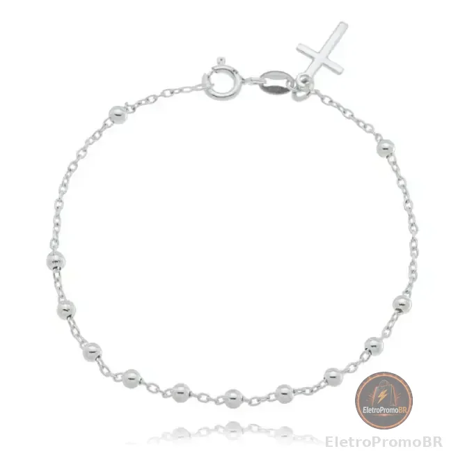 Pulseira Terço Bolinhas Pingente Cruz Prata 925 Unissex Prateado