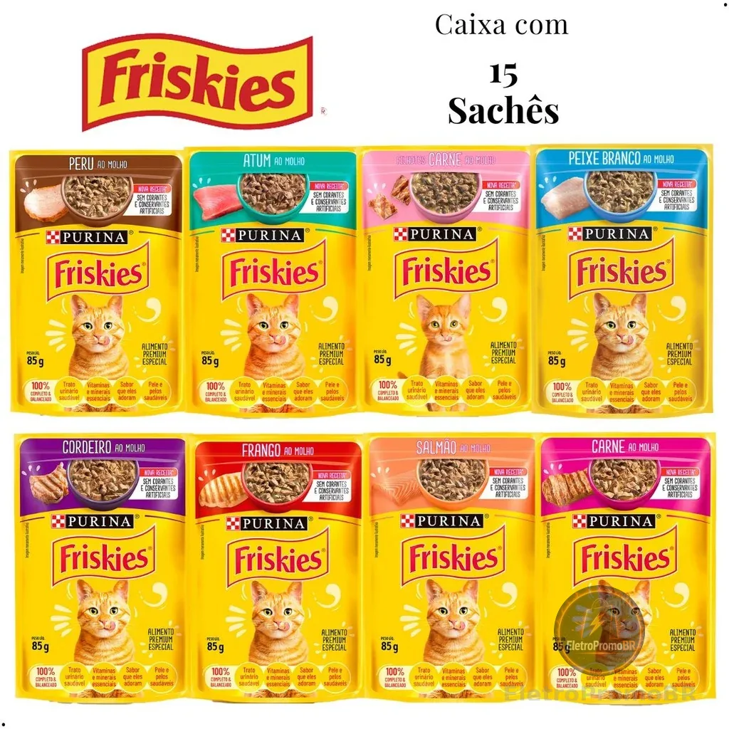 Kit 15 unid Sachê Friskies Alimento Úmido Gatos Carne Frango Atum Peixe Branco Cordeiro Salmão Peru