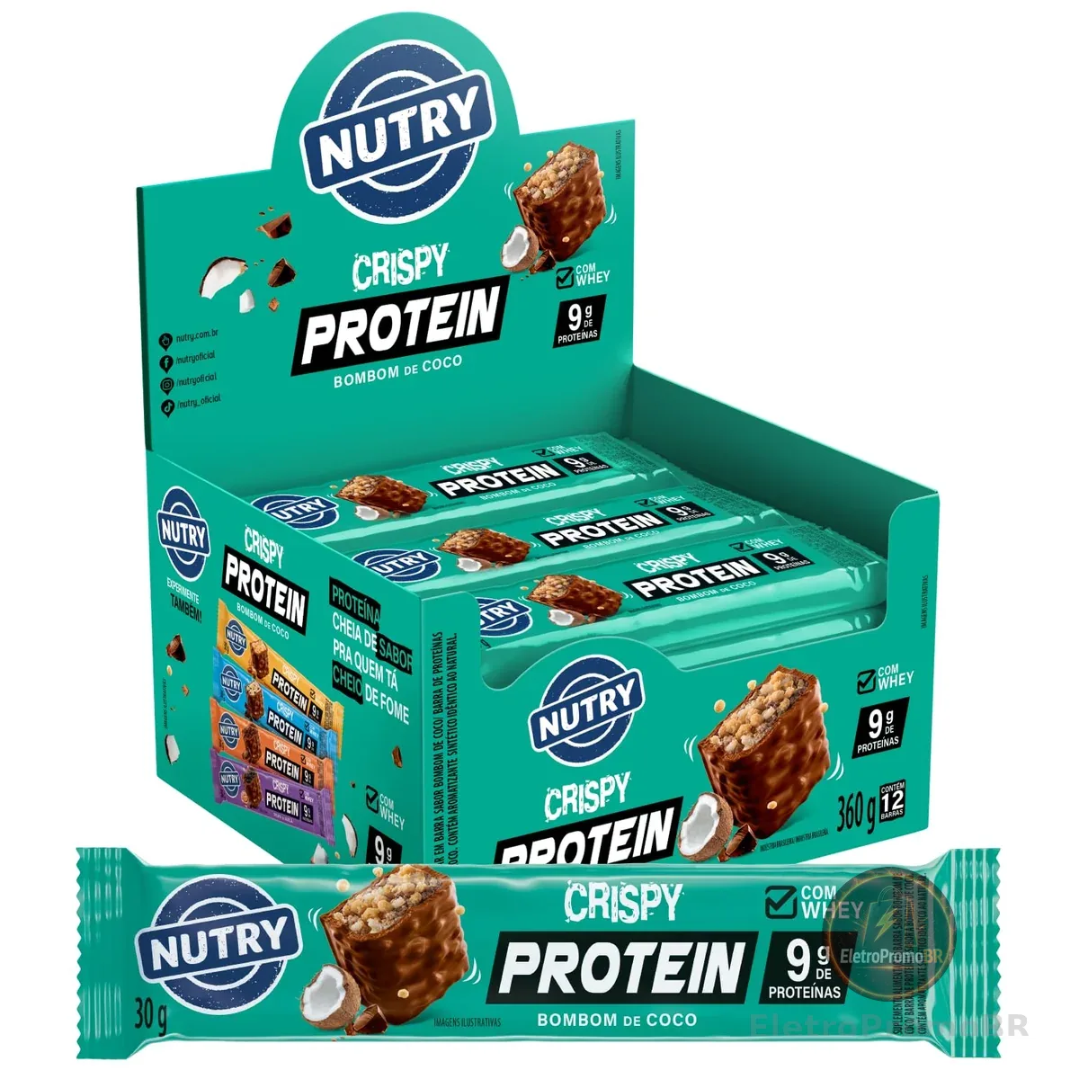 Nutry Barra de Proteínas Crispy Protein Bombom de Coco 30g - Display | Com 12 Unidades, 9g de Proteína, Whey, Cobertura sabor Chocolate e Coco