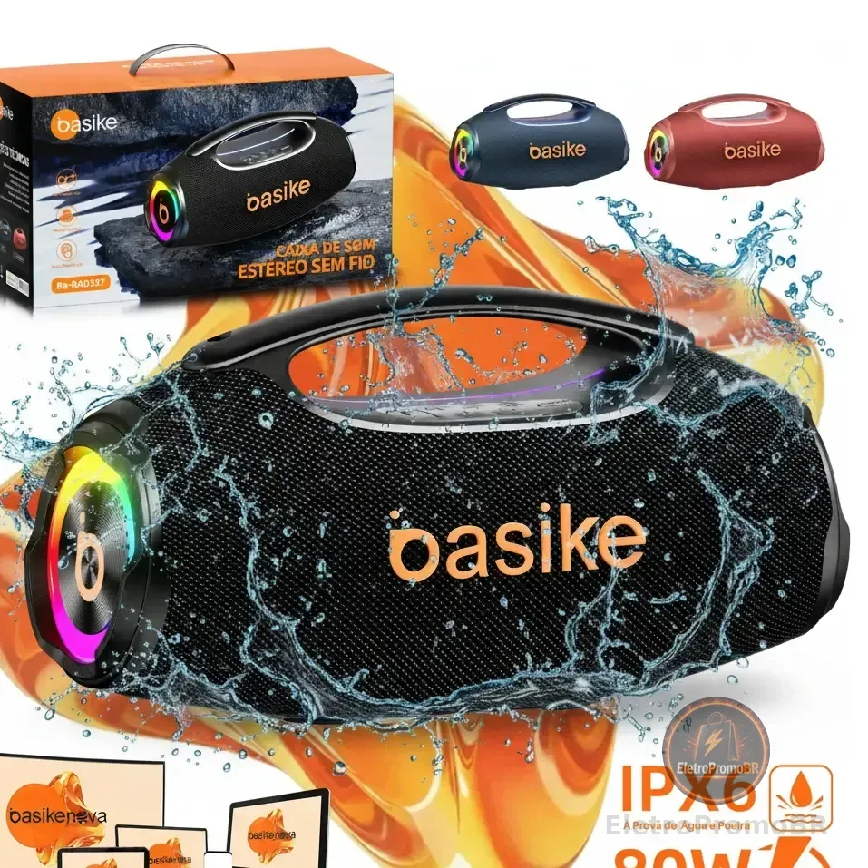 Basike Caixa De Som Boombox Plus 80w 8000mah 10hrs Portátil Bluetooth 5.3 Sem Fio Ipx6 À Prova D'água Com Luz Rgb Hifi... 6v Preto