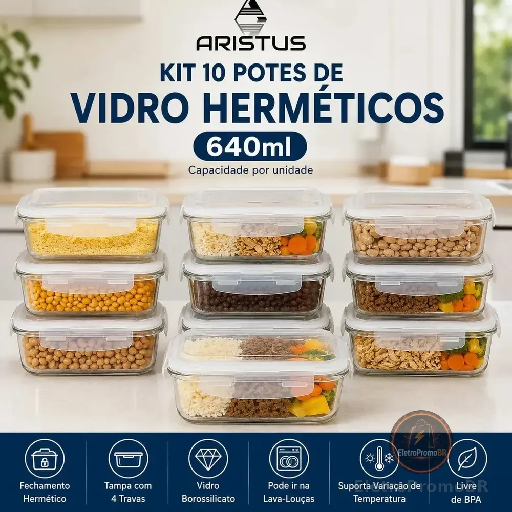 Kit 10 Potes Vidro Hermético Aristus 640ml Marmita Anti Vazamento Forno Micro-ondas Freezer Tampa 4 Travas - Branco