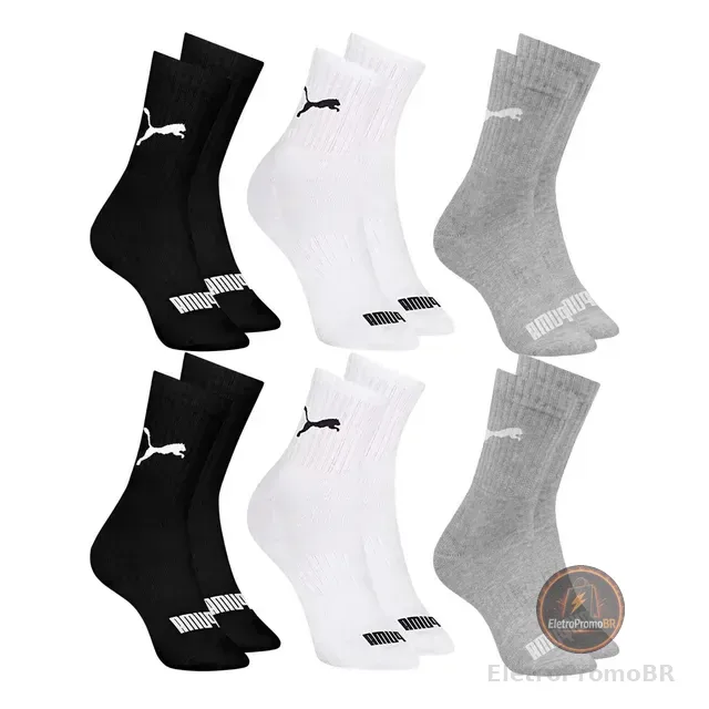 6 Pares Meias Puma Cano Médio Alto Atoalhada Academia Sport