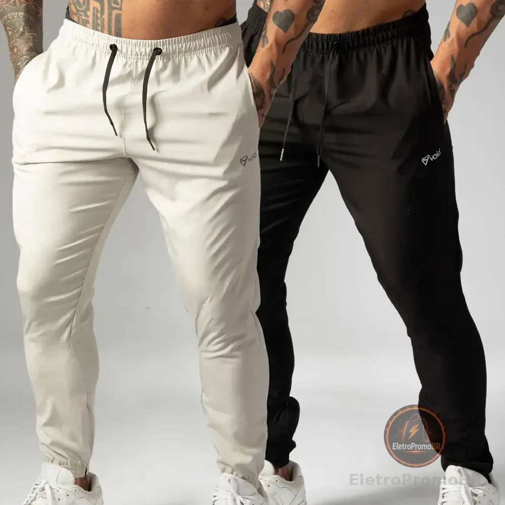 Kit 2 Calças Jogger Tactel Com Elastano Masculina Esportiva Preto E Off White Basico G
