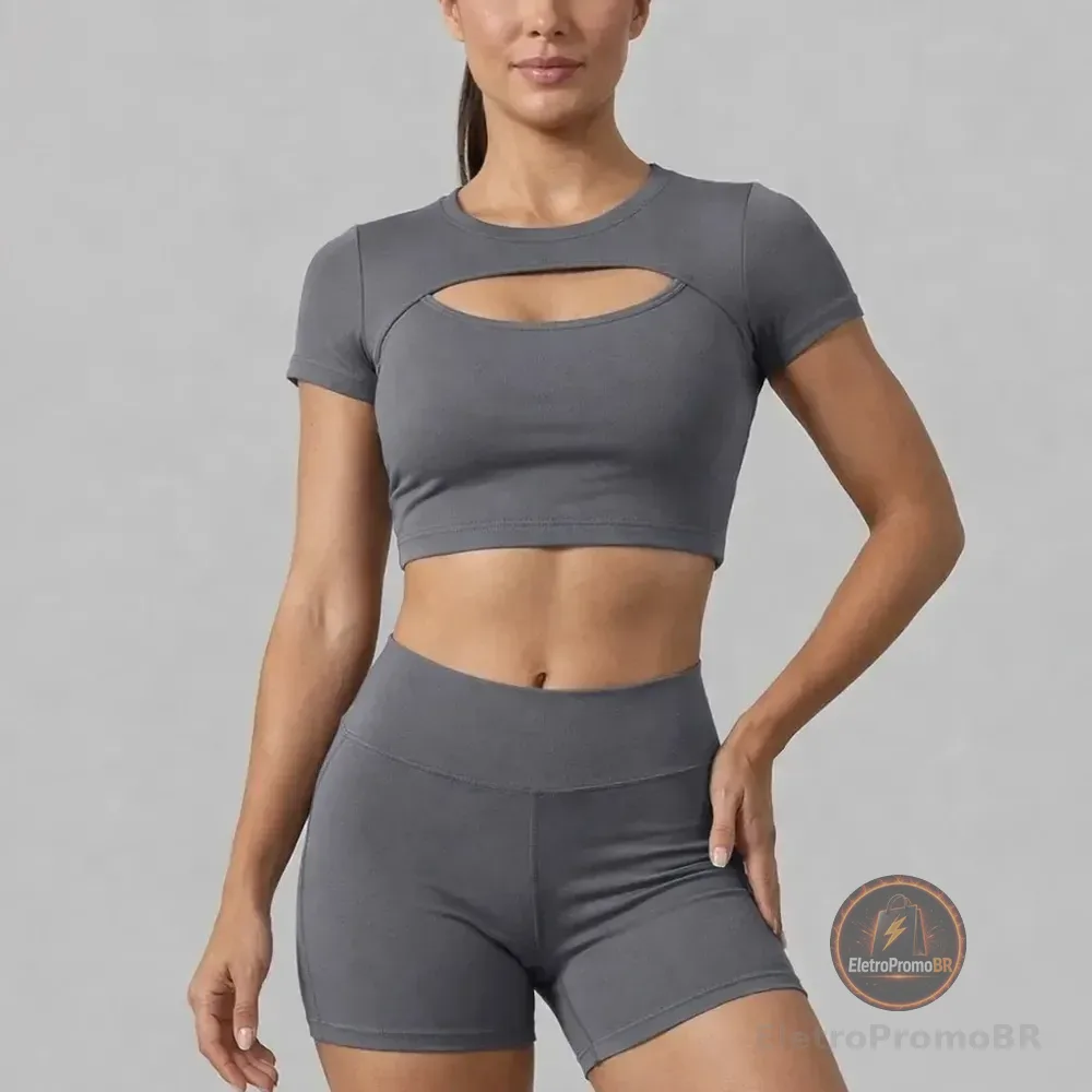 Conjunto Fitness Feminino Short E Top Roupa De Academia Cinza Lisa M