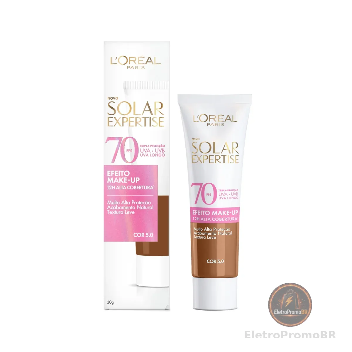 L'Oréal Paris Solar Expertise Efeito Makeup FPS 70, Protetor Solar Facial com Cor e Alta Cobertura de Base por 12H, Previne Rugas e Manchas, Cor 5.0, 40g