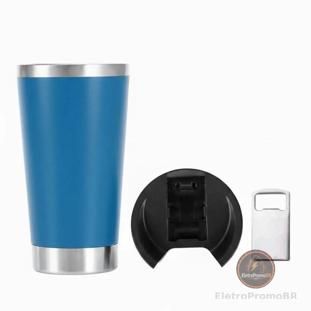 Copo Térmico Inox 473ml C/Tampa, Abridor Garrafas, Parede Dupla