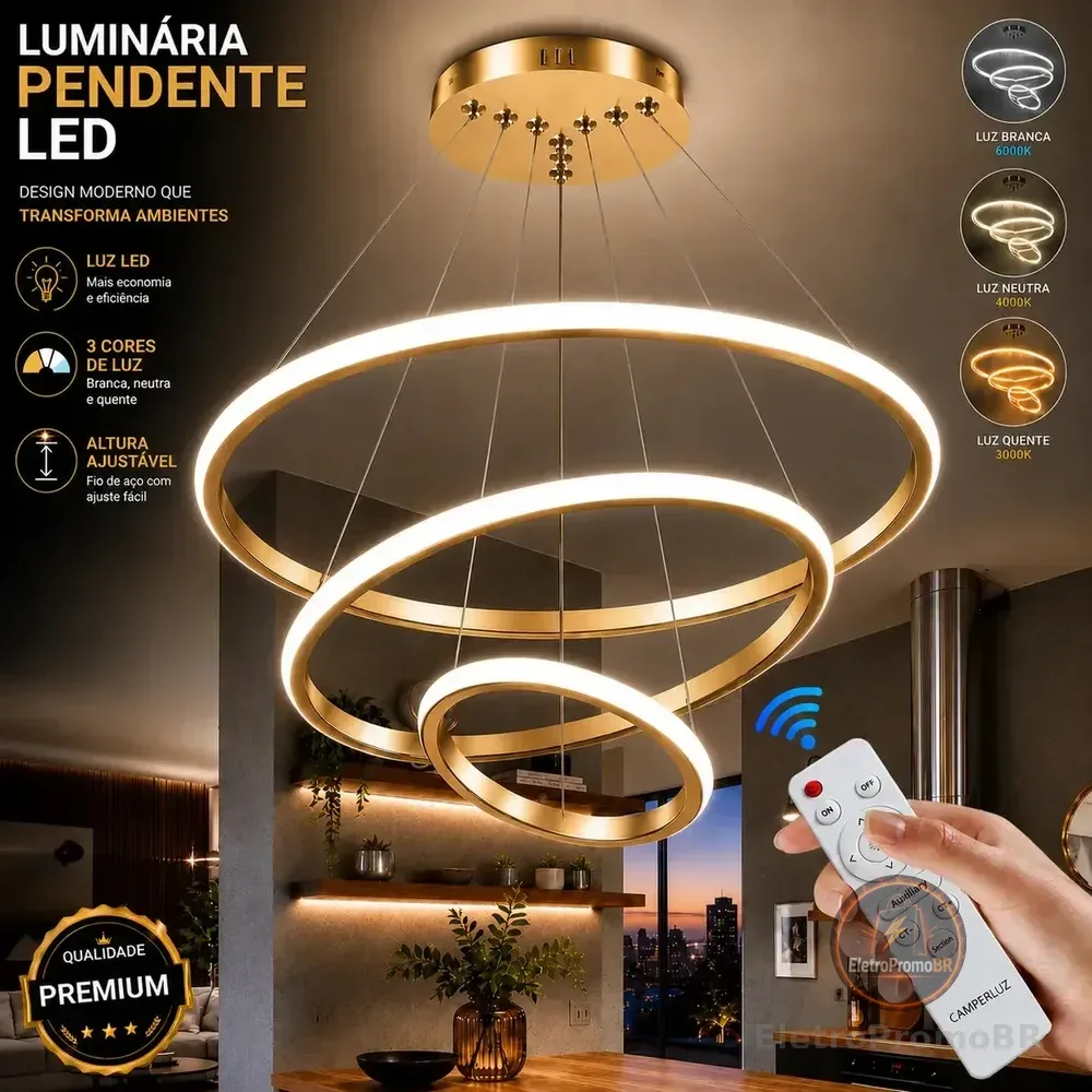 Lustre Led Sala Moderno 72w 3 Arcos Pendente Luminária Teto Lustre Sala De Jantar Com Controle Luxo Moderno Cozinha Luminaria De Teto Para Sala Marca Camperluz 127/220v Dourado