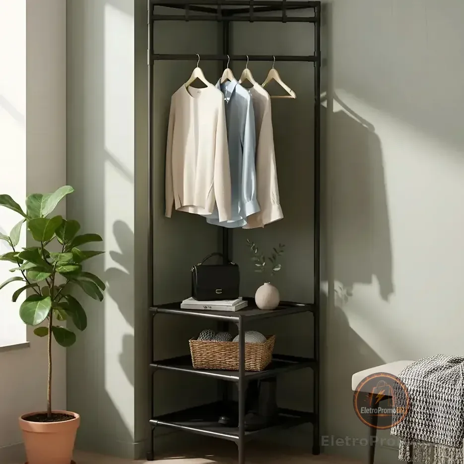Arara Cabideiro Organizadora De Roupas Com 3 Andares Sapateira Closet Armário De Canto Com Ganchos Vertical Preto