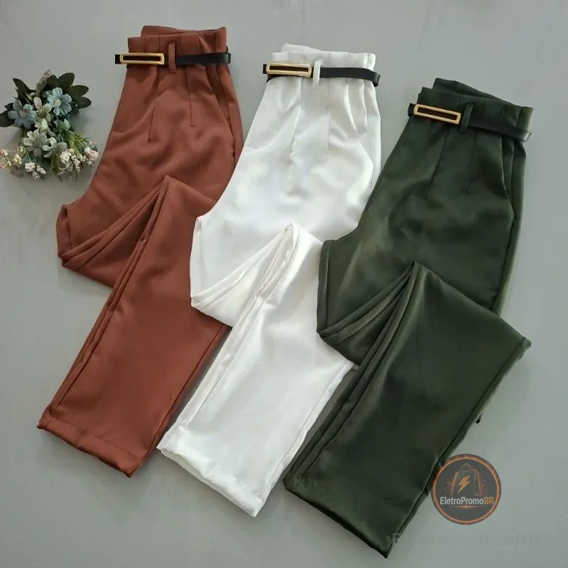 Calça Alfaiataria Feminina Com Zíper Na Frente Acompanha o Cinto Estilo Zarha