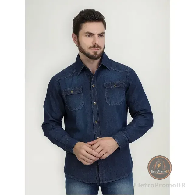 Camisa Jeans Social Manga Comprida Casual Basico