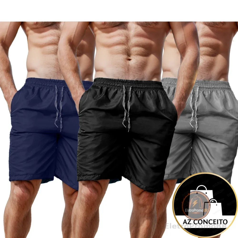 Kit 3 Bermudas Masculinas Reforçadas Tactel Caminhada Academia Piscina Praia Com Bolsos