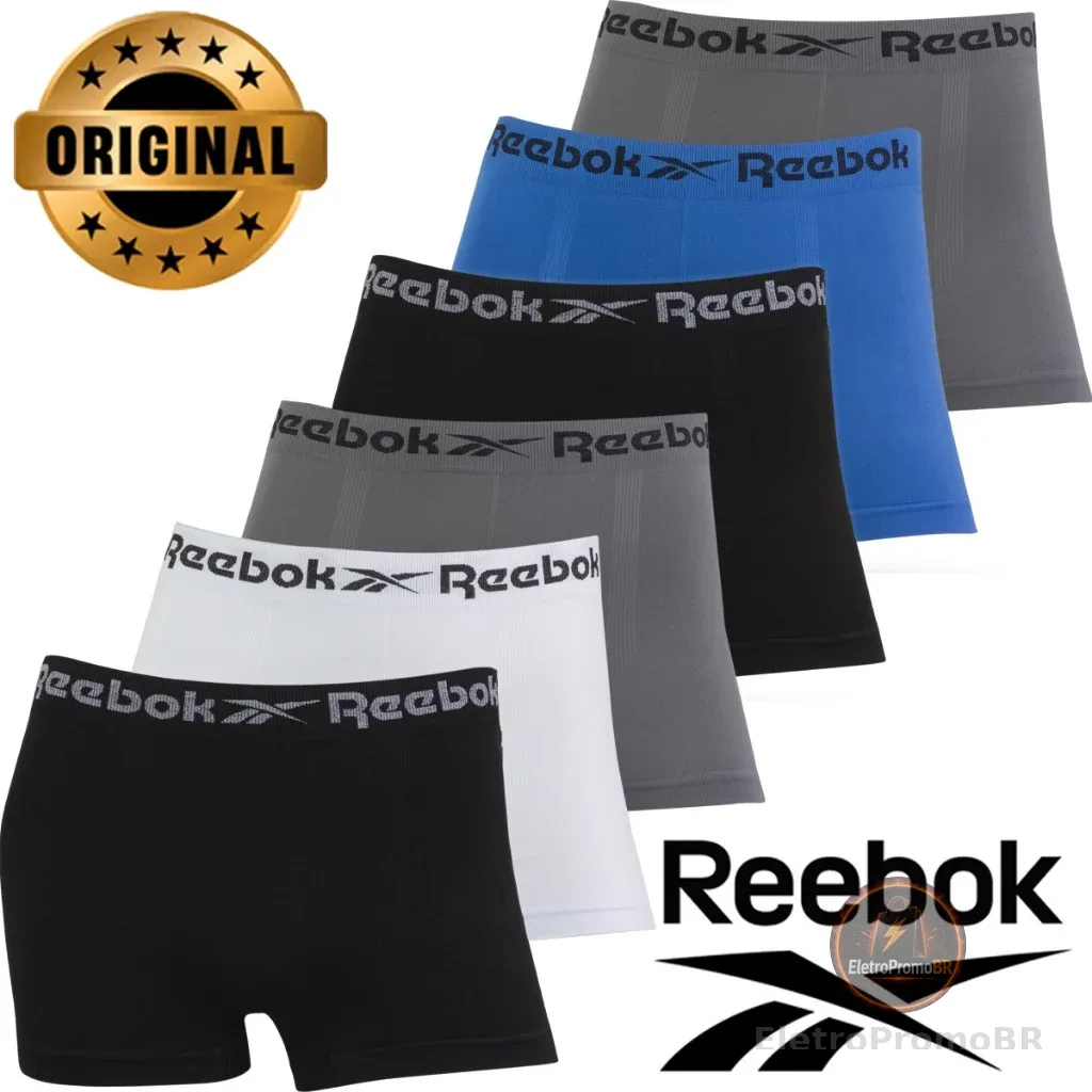 Kit 6 Cuecas Boxer Reebok Microfibra Cueca Sem Costura Box  Confortável Macia Lisa Adulto Dia a Dia