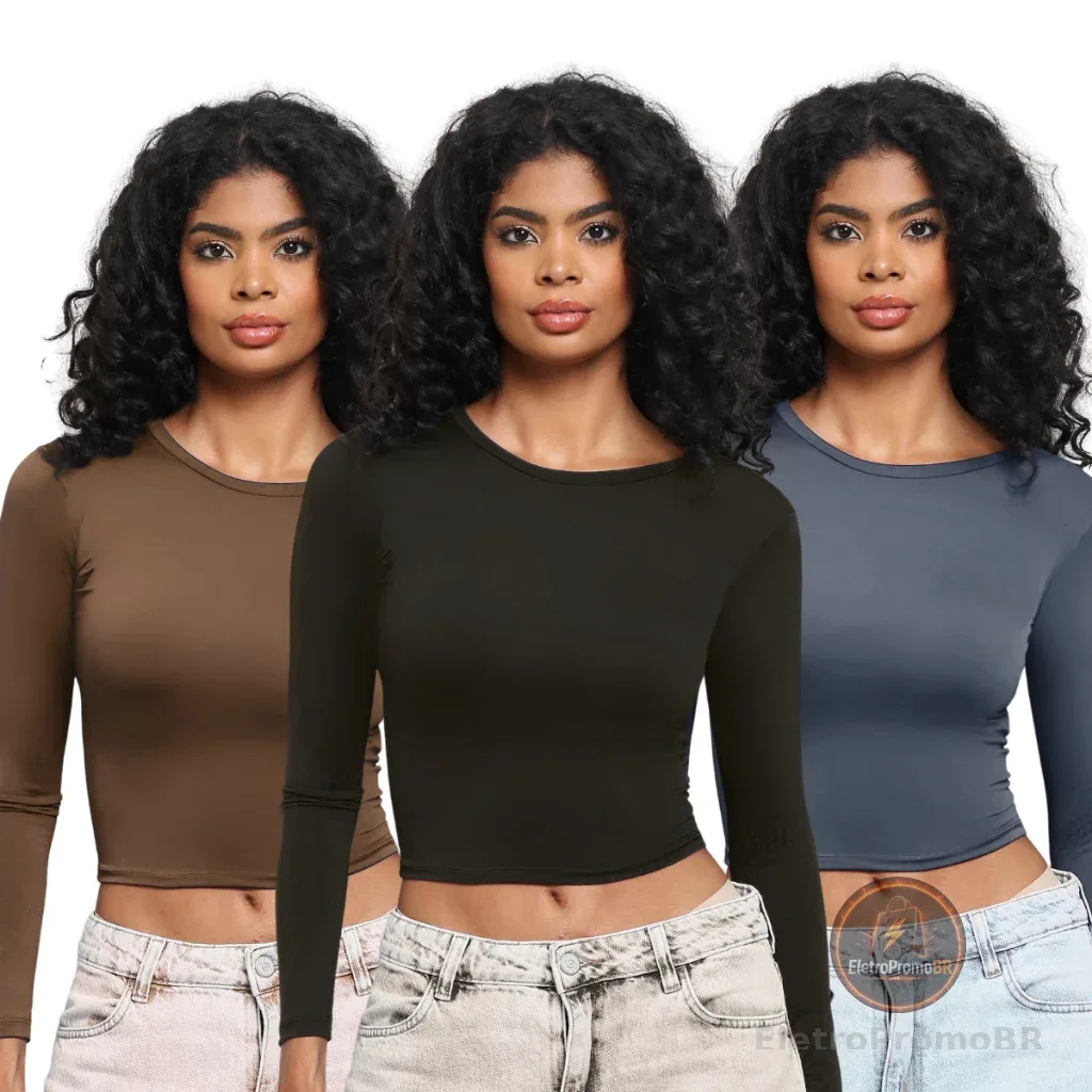KIT 3: Blusa Feminina de Manga Longa - Meia Estação de Compressão Colada