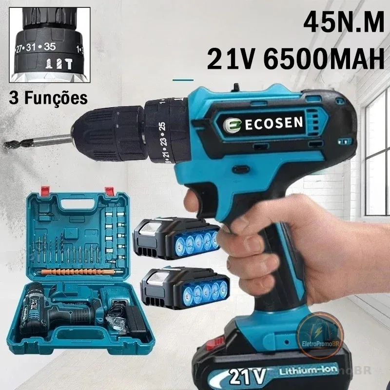 Furadeira Parafusadeira 3/8" bateria 21V ou 12V com maleta e acessórios/ECOSEN