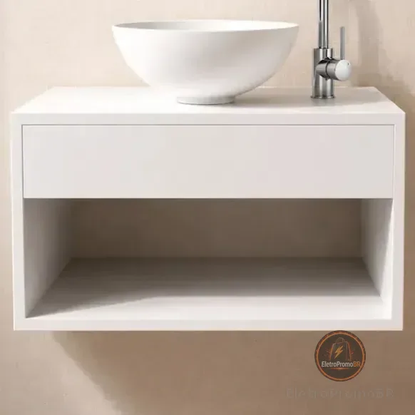 Gabinete Armário Banheiro 50cm Branco Cuba Redonda Suspenso Lavabo Lavatório Pia Um Furo
