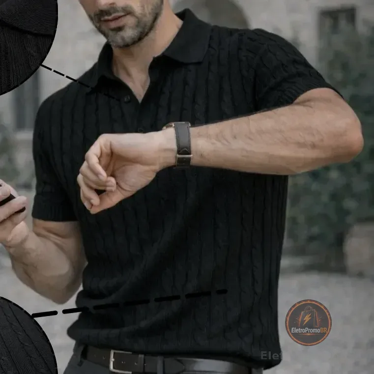 Camisa Polo Masculina Tricô Trama Trançada Preto Texturizada G Trançado