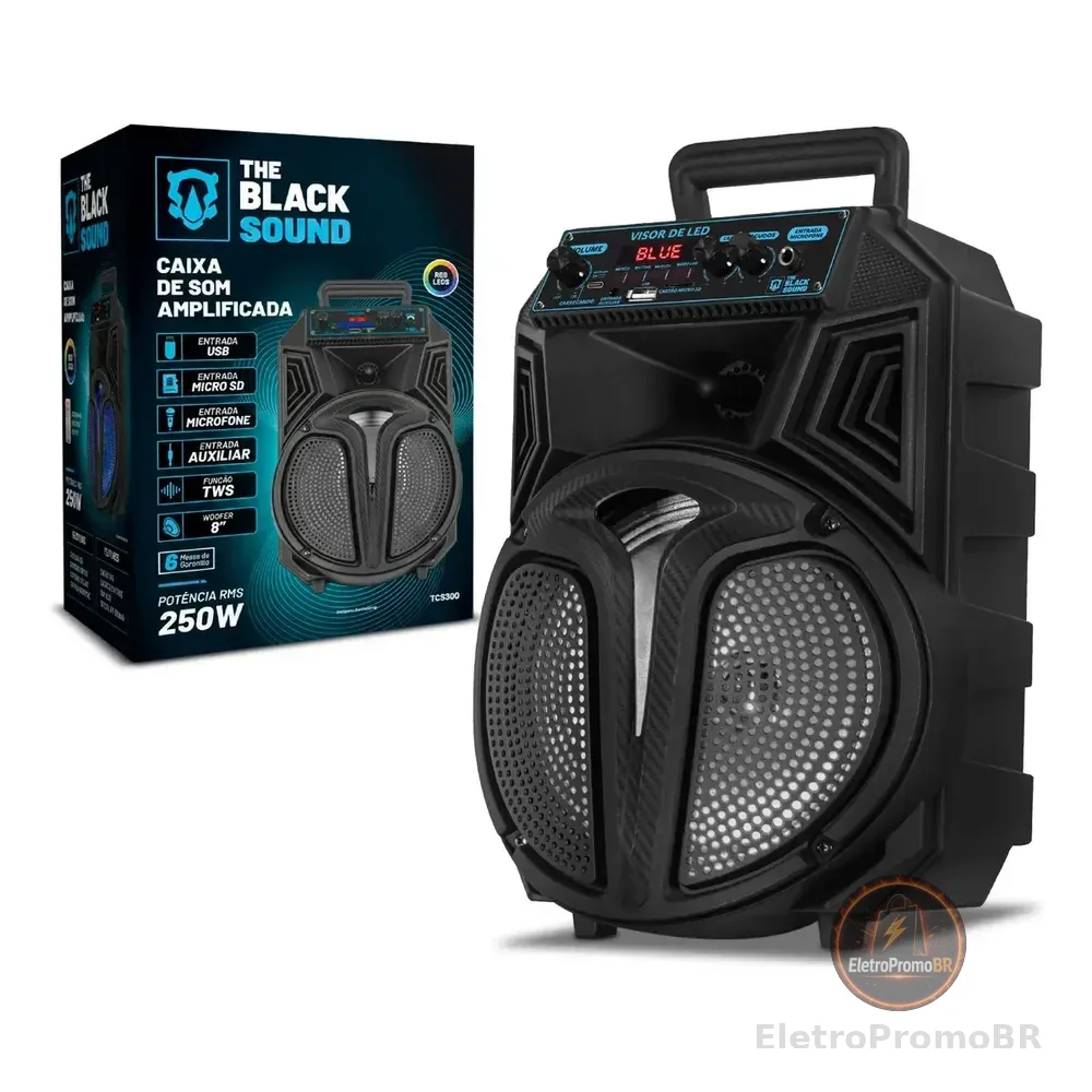 Caixa De Som Amplificada Bluetooth Rádio Fm 250w Rms Tws Led Rgb Portatil Sem Fio Usb Tcs300 Cor Preto The Black Tools 127/220v