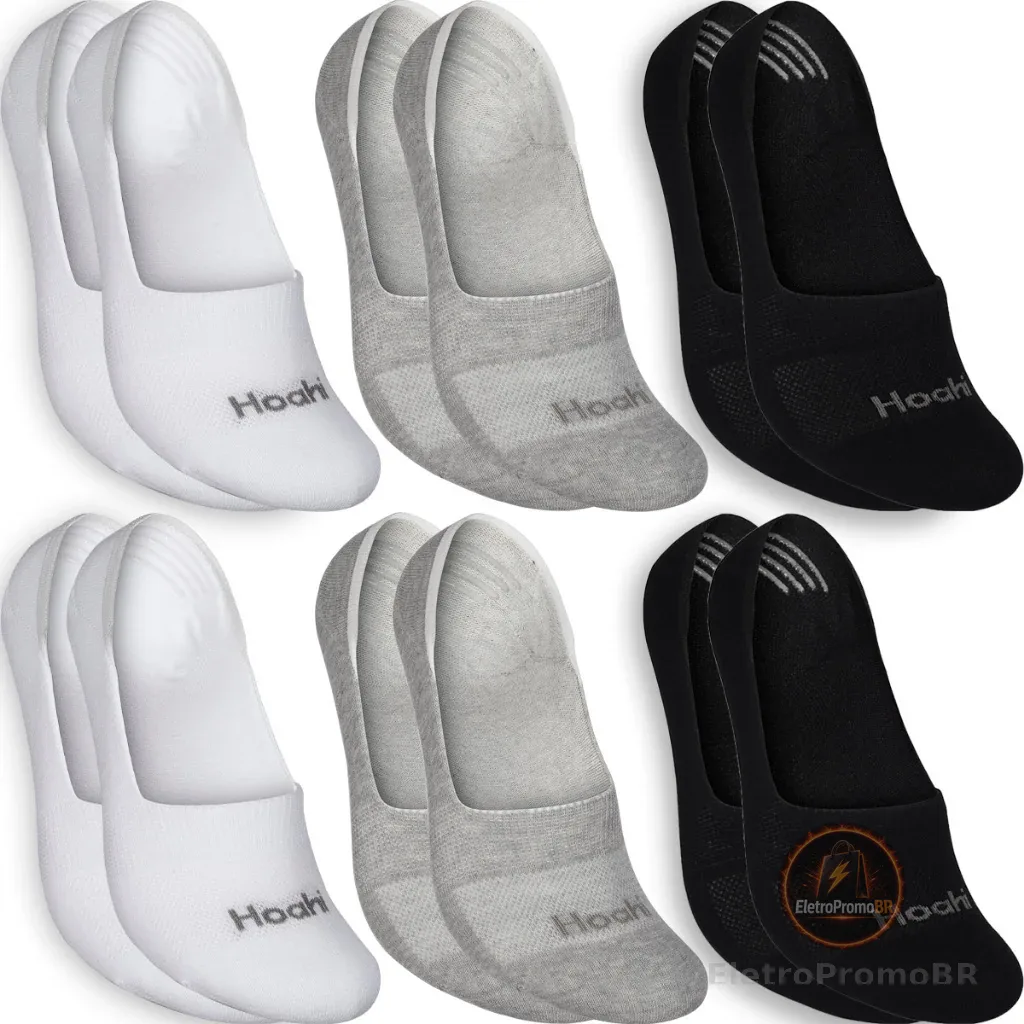 Kit 6 Pares Meias Sapatilha Invisível Hoahi Meia Cano Baixo Algodão Confortável Silicone Macia