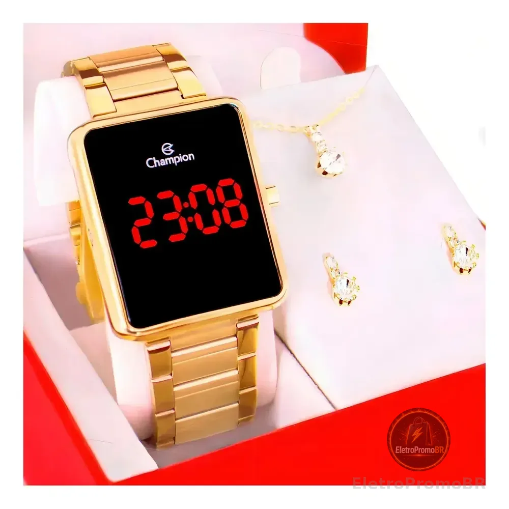 Kit Relógio Feminino Champion Digital Dourado Colar Brincos Cor Do Fundo Led Vermelho Ch40086v Com Pulseira Em Aço Inoxidável Presente Perfeito Namorada Mãe Esposa Led Vermelho 2
