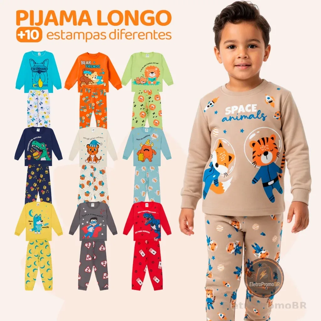 Kit Sortido 4 Peças Pijama Infantil Menino Manga Comprida Tamanho 1 ao 10
