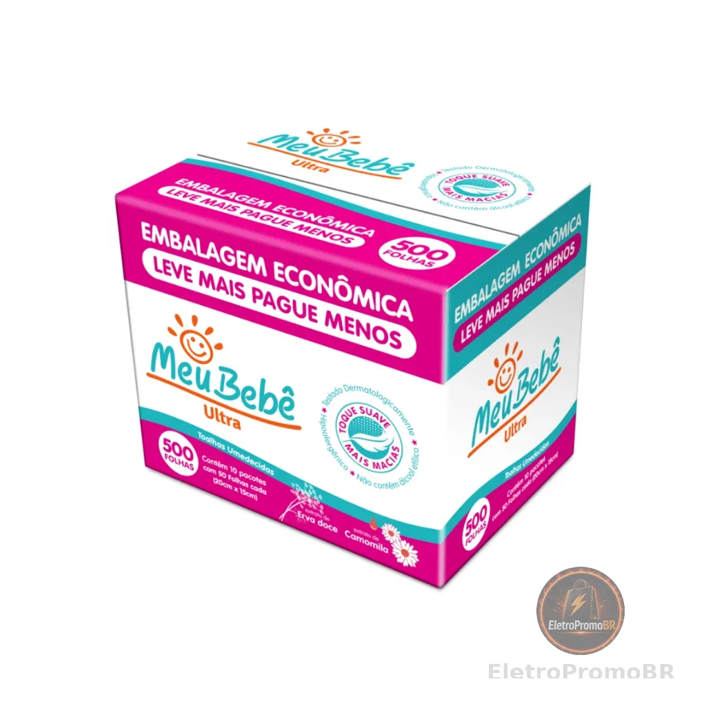 TOALHA UMEDECIDA PACK MEU BEBE ULTRA 500 FOLHAS - Caixa com 10 Pacotes de 50 Unidades