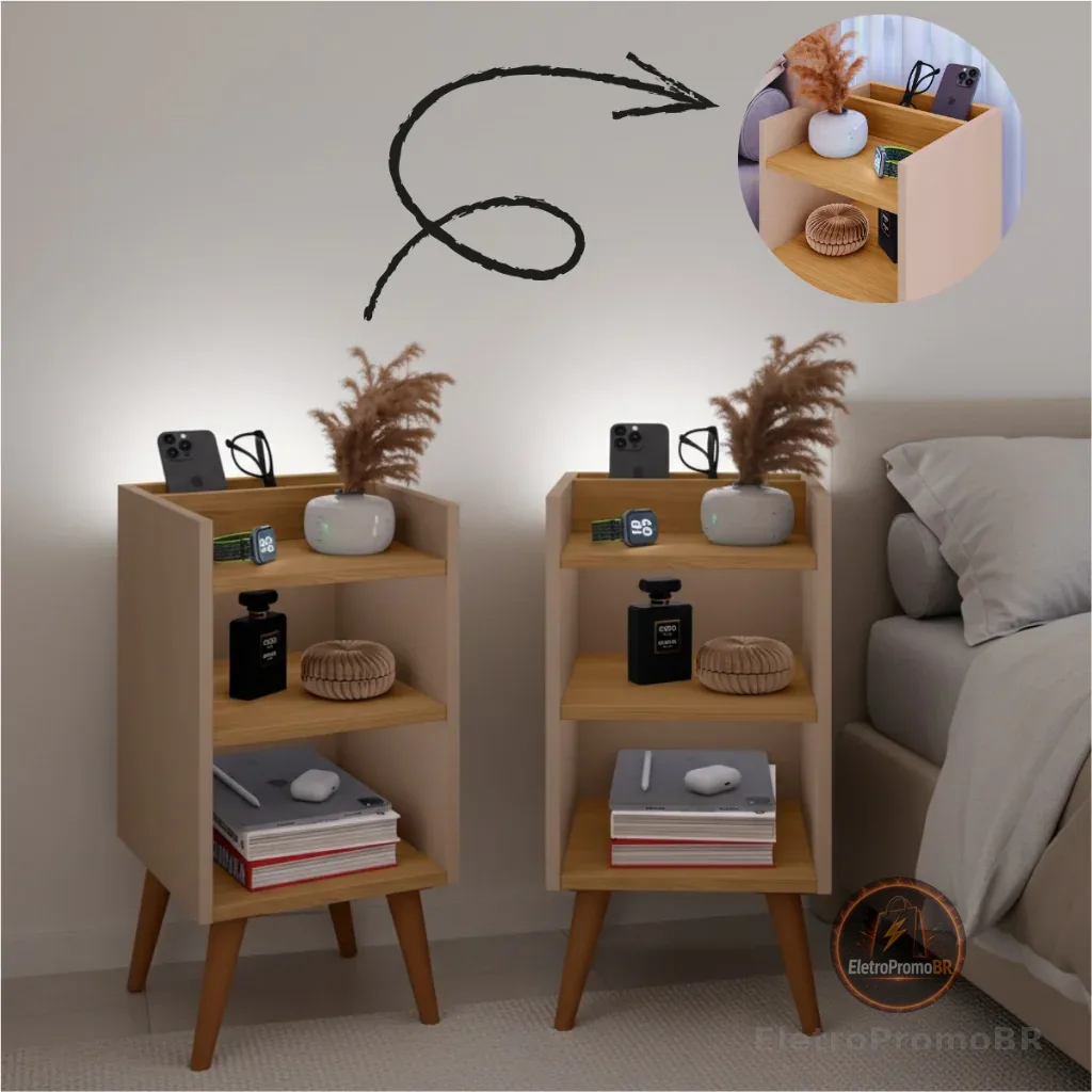 Kit com 2 Mesa de Cabeceira Nicho Organizador, pés retrô em PVC e Porta-Celular Max