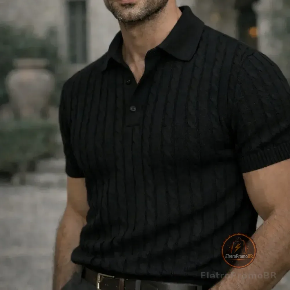 Camisa Polo Masculina Tricô Trama Trançada Preto Texturizada P Trançado
