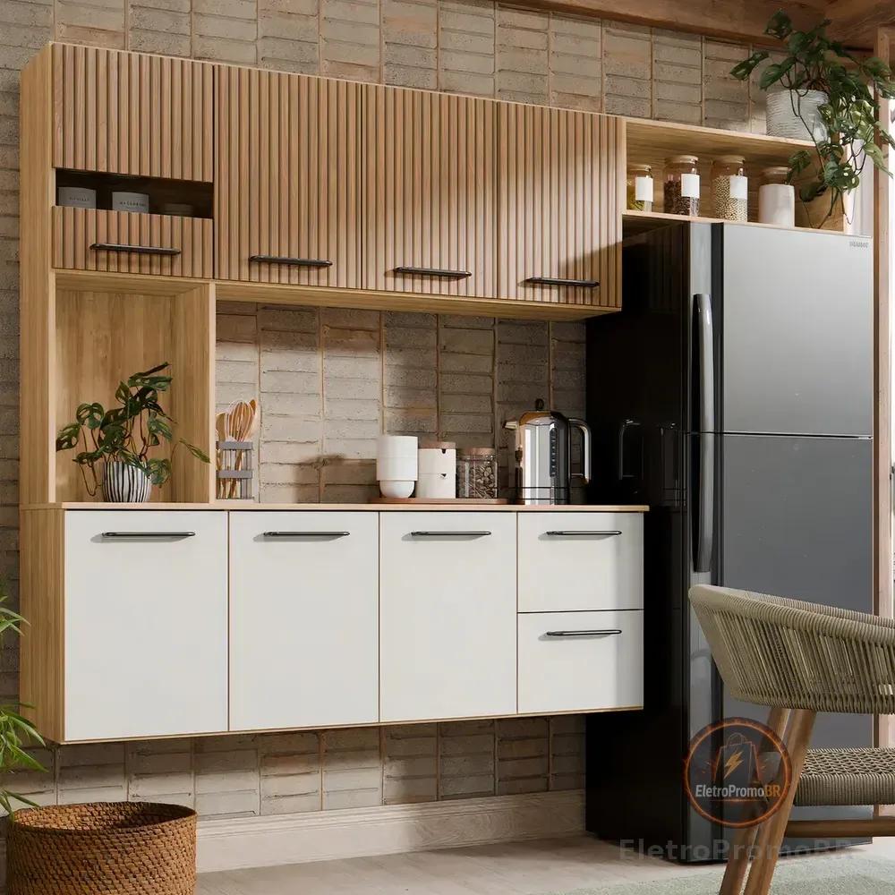 Armário De Cozinha Completa Aéreo 7 Portas E 2 Gavetas Planejada Suspenso Branco Off White Ripado Carvalho Nature Amadeirado Juliana Off Ripado