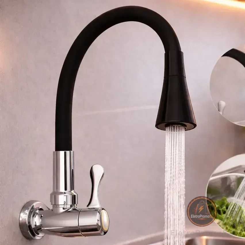 Torneira Flexível Parede Cozinha Preto Pressurizada Moderna Preto Fosco