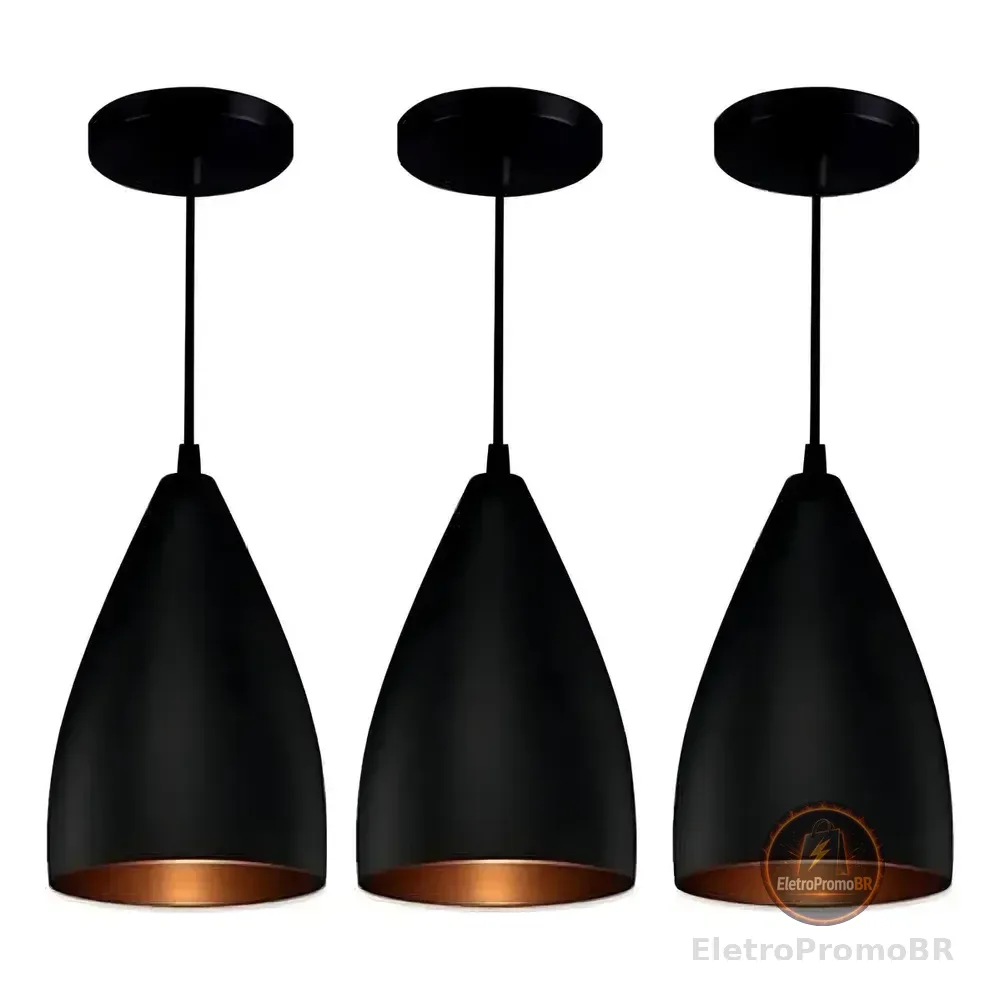 Luminária Pendente Teto Vegas Alumínio Preto 3 Unidades