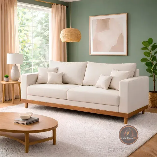 Sofá Living 3 Lugares Suede Resistente Madeira + Almofadas