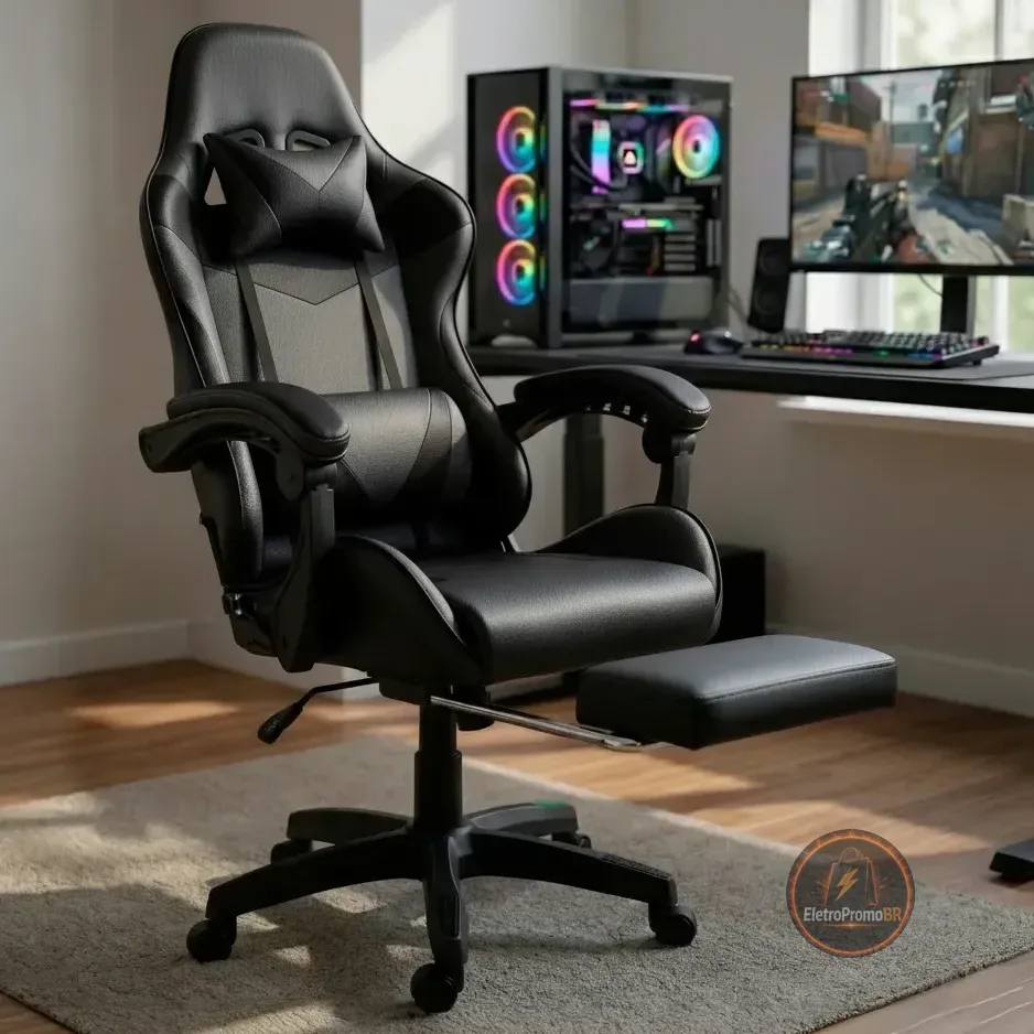 Cadeira Gamer Ergonômica Para Jogos Pc Reclinável Apoio Pé Preto Couro Sintético