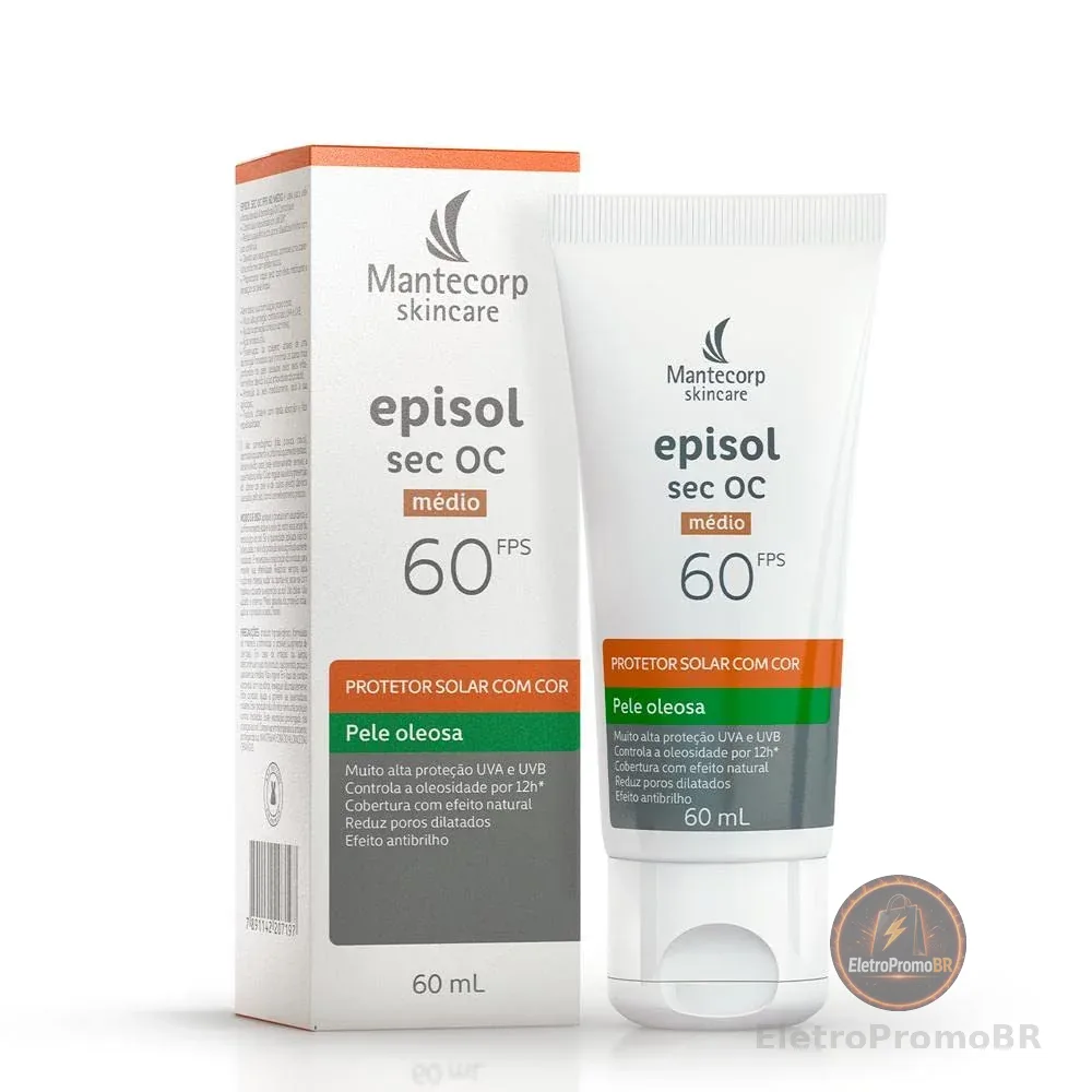 MANTECORP - Protetor Solar Episol Sec OC FPS 60 - Alta Proteção UVA e UVB, Controla Oleosidade por 12h, Toque Seco, Rápida Absorção - 60ml