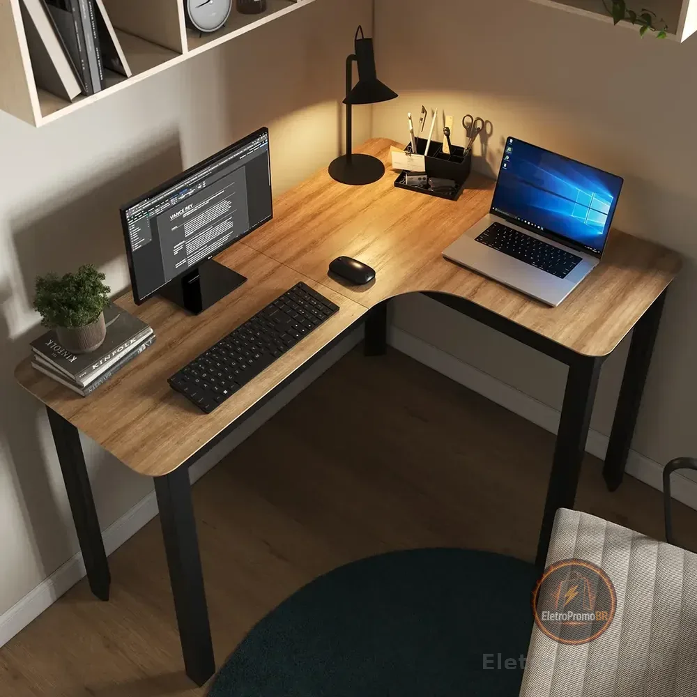 Mesa Em L Orgânica Curva 120cm Para Pc Escrivaninha De Canto Home Office Design Industrial Moderno Gamer, Estação De Trabalho Angular Para Escritório  Modelo Legos Lâmina Com Preto