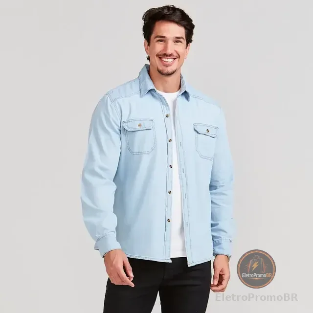 Camisa Jeans Masculina Social Slim Manga Longa