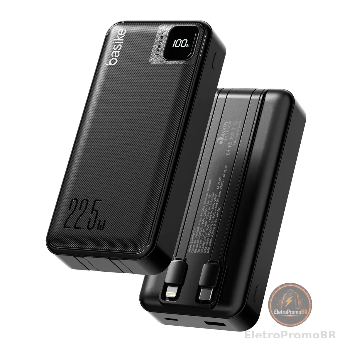 Basike Power Bank, Carregador Portátil Universal 20000mAh, Rápido 22,5W | 2 Cabos Integrados (USB-C, Lightning) Carregamento Rápido, USB-A(até 22.5W)+USB-C(até PD20W), Led Indicador de Bateria, Preto
