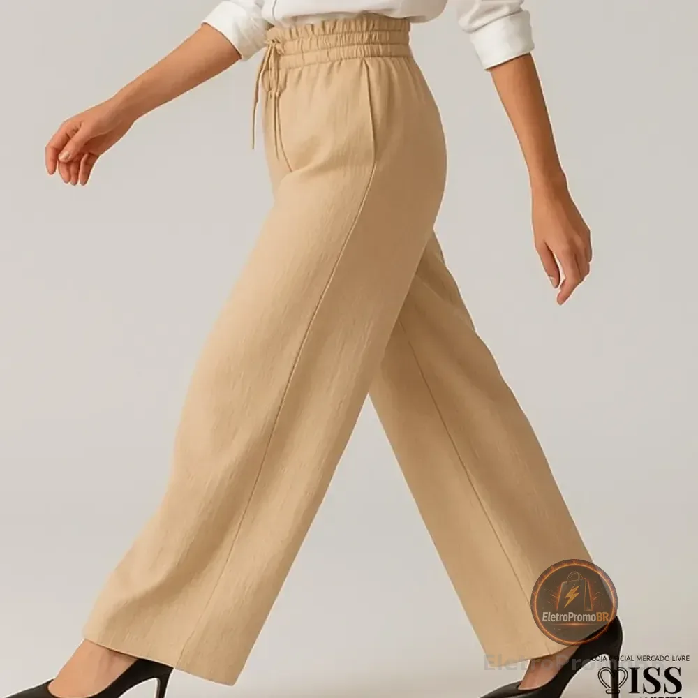 Calça Feminina Alfaiataria Wide Leg Social Pantalona Bege P