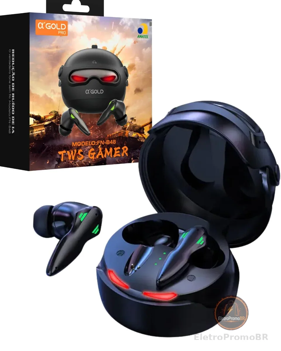 A'Gold FN-B48 Fone de Ouvido Bluetooth Gamer TWS - Bluetooth 5.4, Redução de Ruído por Inteligência Artficial - IA, 8h de Bateria, Estojo com LED Robótico, Microfone Excelente - Baixa Latência